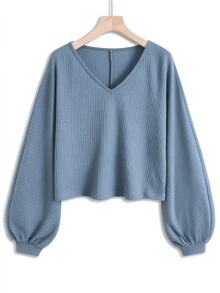 QUELARIE Plus Size Casual Loose V-Neck Top Fall - Blue - View 1