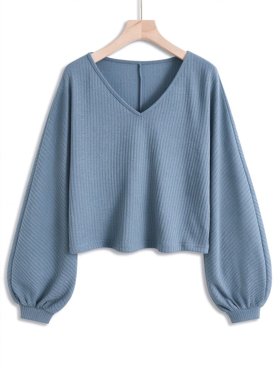 QUELARIE Plus Size Casual Loose V-Neck Top Fall - Blue - View 1