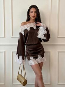 Firerie 女款優雅秋季沙烏地國慶返校季不對稱肩蕾絲拼接喇叭袖淺灰藍迷你洋裝 - 棕色 - 查看 6