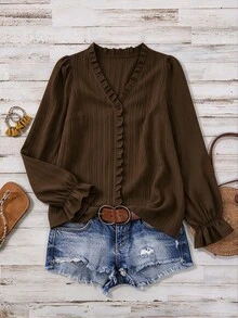 Linhara Plus Size Women's Polka Dot Basic Casual Long Sleeve V-Neck Blouse Fall - Brown - View 3