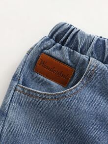 Quần dài denim cho bé trai, màu xanh giặt kiểu vintage hoài cổ, vải denim không co giãn, cạp quần cổ điển thiết kế nút, xử lý mài rách và bạc màu - Rửa tối - Xem 5