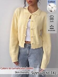 SHEIN BASICS Plus Size Women's Solid Color Long Sleeve Button-Front Knit Cardigan, Autumn/Winter - Yellow - View 1