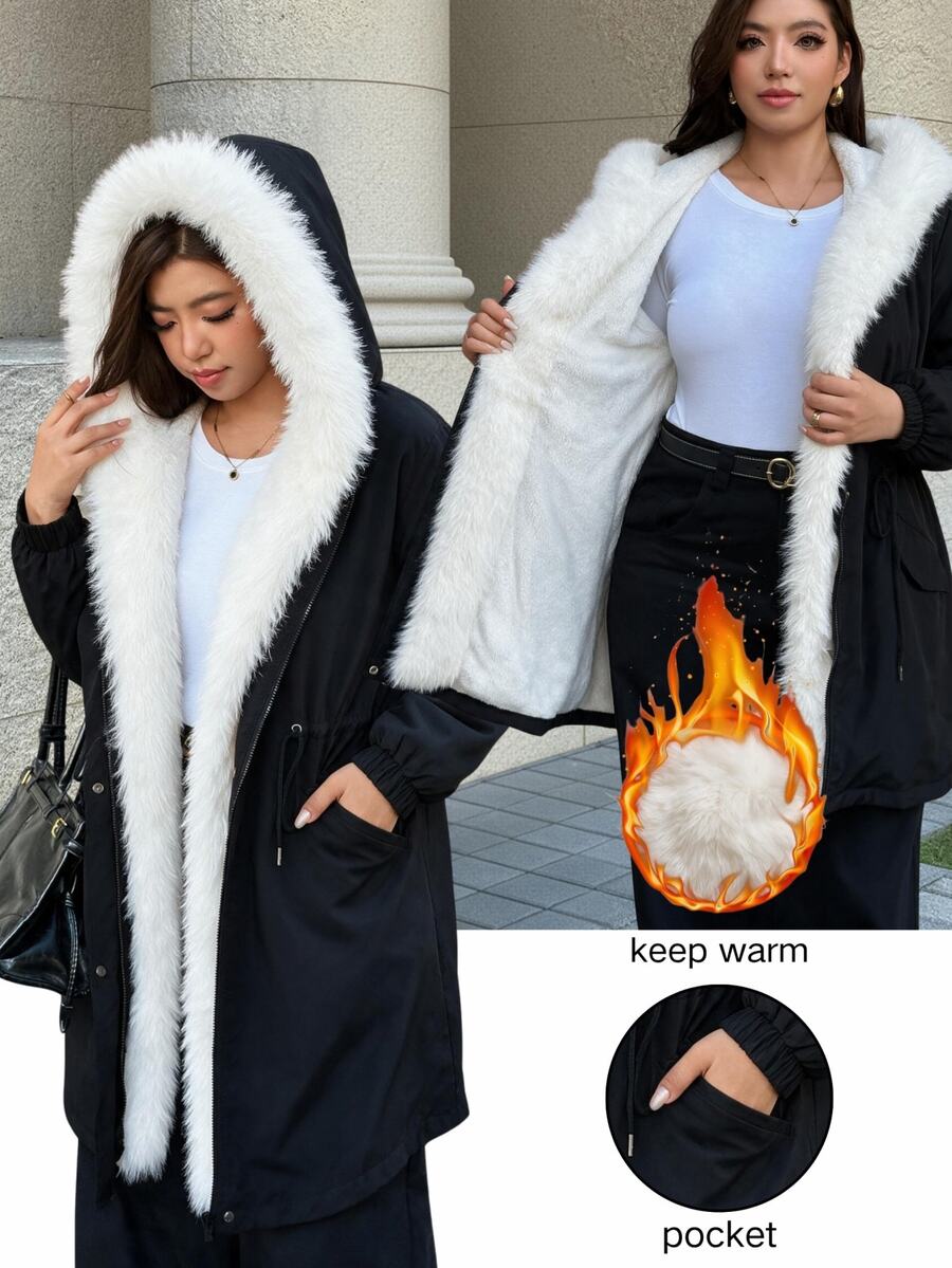 Easura Plus Size Autumn/Winter Long Sleeve Hooded Patchwork Faux Fur Padded Coat - Black - View 1