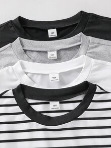 SHEIN Vacaura 4-Pack Long Sleeve T-Shirts Multipack, Casual Minimalist Solid Color & Horizontal Striped Crew Neck Pullover Basic Tees Set,Fall Tops - Black and White - View 3