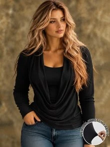 Nubod Women's Plus Size Spring/Autumn Versatile Retro Casual Commute Black Solid Color Fitted Long Sleeve Cowl Neck Top Suitable For Spring/Autumn Wear - Black - View 3