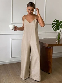 DAZY Đồ mặc nhà jumpsuit nữ màu trơn ống rộng dây mảnh - Màu Khaki - Xem 5