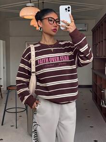 Muchica Women's Casual Crew Neck Sweatshirt, Striped Sweatshirt - White - View 3