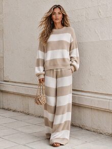 Faunlyn Women's Casual Striped Crew Neck Long Sleeve Sweater And Knit Pants Lounge Set - Multicolor - View 5