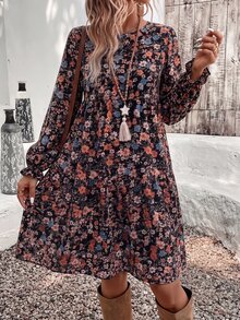 SHEIN VCAY Casual Minimalist Ditsy Floral Pattern Loose Fit Plus Size Round Neck Dress, Suitable For Autumn/Winter - Multicolor - View 6