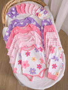 4件組新生兒居家套裝，嬰兒甜美花卉印花女童套裝，彩色花朵紫色愛心長袖肩扣T恤搭配鬆緊腰長褲，新生兒百搭休閒居家服，柔軟親膚嬰兒睡衣套裝 - 彩色 - 查看 1