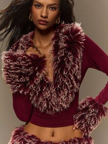 TypaGal Fall Winter Y2k Halloween Christmas Sexy Going Out Luxury Formal Rave Club Vacation Red Women's Vintage Street Style Faux Fur Patchwork Top - Burgundy - View 6