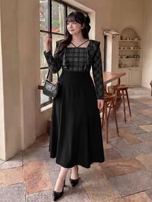 Bijouette Plus Size Women's Patchwork Plaid Long Sleeve Square Neck Elegant Dress - Black - View 6