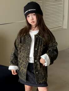 DAZY Girls' (Large) Leopard Print Denim Top With Turn-Down Collar, Cinched Waist And Tie Design - Brown - View 7