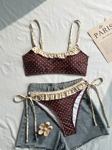 Swim Mod New Women's Swimsuit Set Summer New Sweet Beach Outfit Versatile 2 Pieces Set Beige-Brown Bikini Set Popular Beige-Brown Polka Dot Print Ruffle Design Adjustable Bikini Top Tie-Drawstring Triangle Bottom Suitable For Summer Beach Vacation Wear - Multicolor - View 6