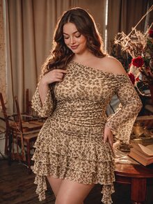 SHEIN MOD Plus Size Mini Khaki Long Asymmetrical Shoulder Leopard PrintFlare Sleeve Mesh Fit & Flare Leopard Print Party Y2K Dress Christmas Festival Fall - Apricot - View 6