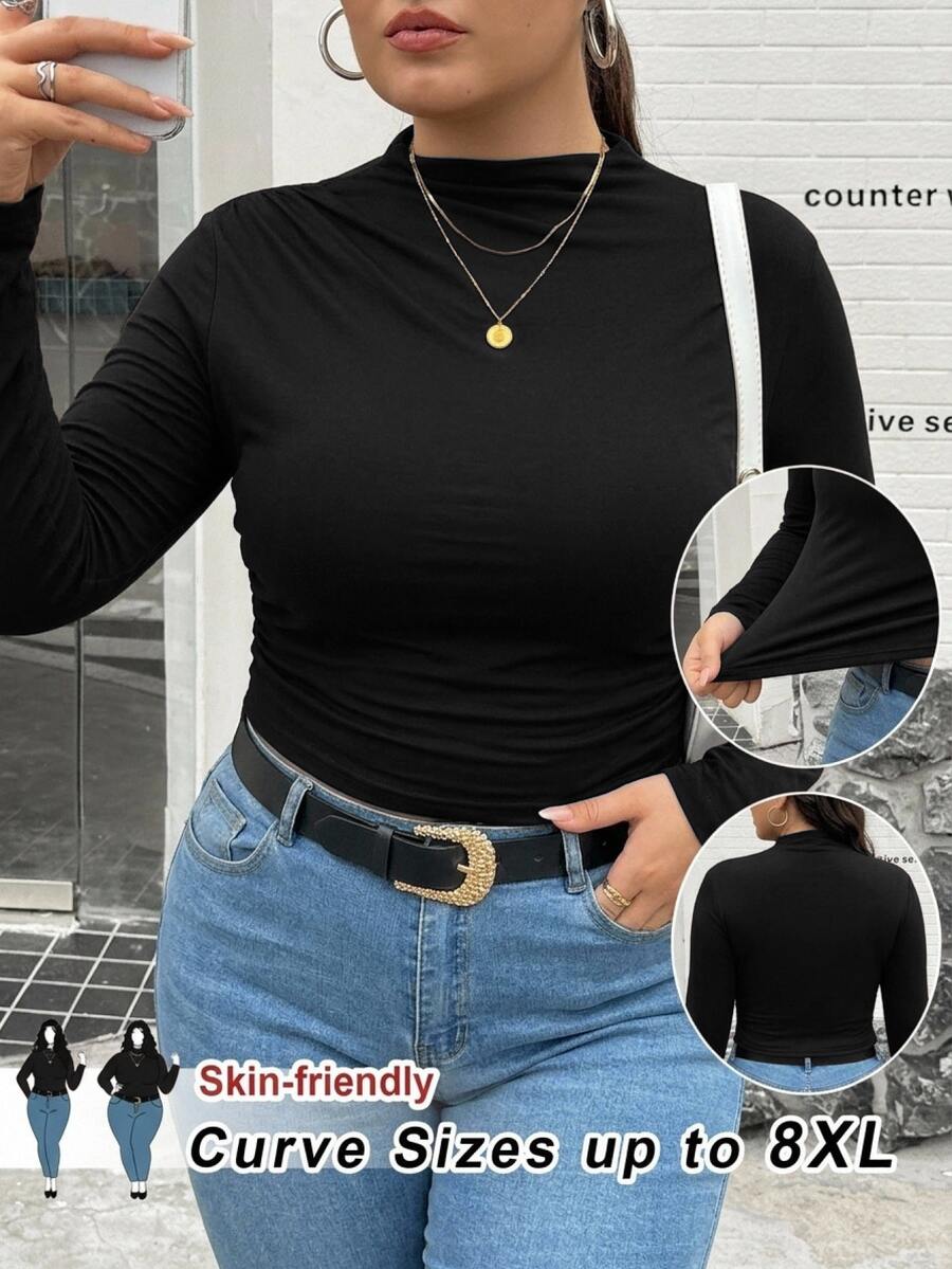 SHEIN CURVE+ Plus Size 22W Mock Neck Ruched Slim Fit Tee Fall - Black - View 1