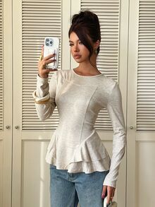 Siren Gaze Women's Solid Color Casual Round Neck Long Sleeve Ruffle Hem T-Shirt, Fitted Ruffle Hem Blouse, Knit Base Layer, Elegant Versatile Autumn/Winter T-Shirt - Apricot - View 7