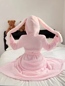 Napfluff روب نسائي وردي من الفرو الناعم بغطاء رأس وأذني أرنب طويل، لطيف، بأكمام طويلة وفتحة أمامية وحزام - وردي - مشاهدة 2