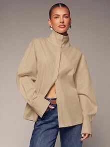 Hauture Women's Sexy Casual Mock Funnel Neck Long Sleeve Shirt - Khaki - View 1