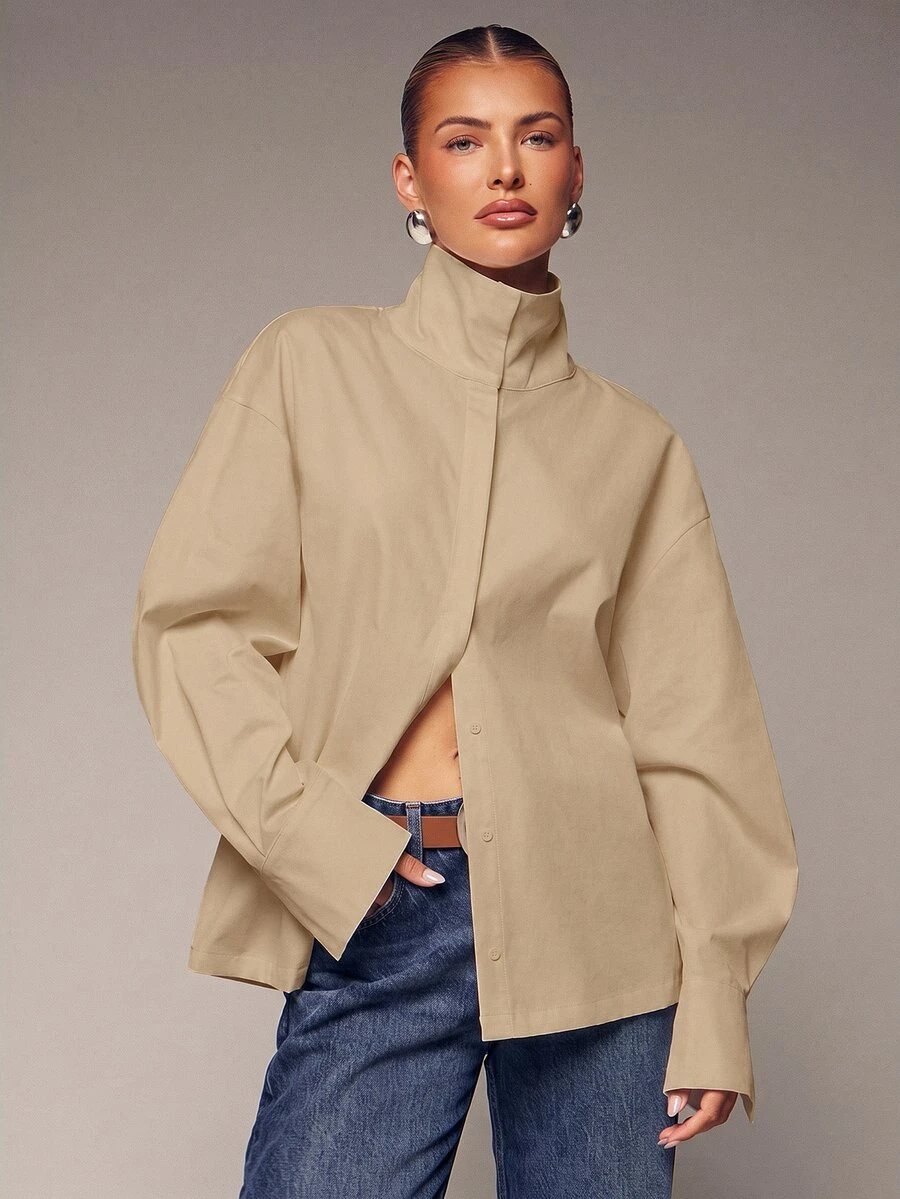 Hauture Women's Sexy Casual Mock Funnel Neck Long Sleeve Shirt - Khaki - View 1