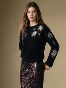 Briarwyn Fashionable Fireworks Embroidery Women's Crew Neck Long Sleeve Sweater - Black - View 1