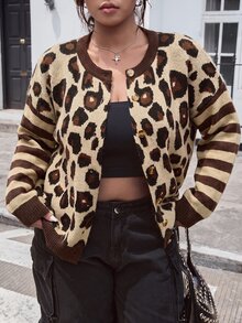SHEIN EZwear 大尺碼女款豹紋條紋拼接前扣開襟衫，休閒 1950 年代復古 1920 年代風格，適合秋冬辦公室、音樂會，米色 - 咖啡棕 - 查看 7