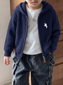 SHEIN Little Byeori 兒童小男孩休閒韓系百搭前開襟拉鍊連帽長袖針織開襟衫 - 藏蓝色 - 查看 1