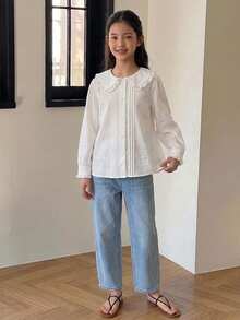 Dazy Kids (Gadis Remaja) Kemeja Blus Kasual Lengan Panjang Kerah Lipat Gaya Dasar Musim Gugur - Putih - View 6