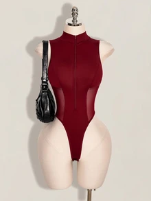 SHEIN ICON Y2K 女款萬聖節黑色性感時尚拉鍊網紗拼接連身衣 - 酒紅色 - 查看 1
