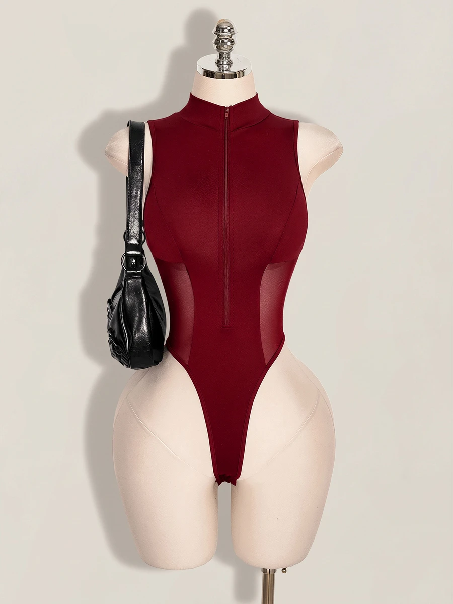 SHEIN ICON Y2K 女款萬聖節黑色性感時尚拉鍊網紗拼接連身衣 - 酒紅色 - 查看 1
