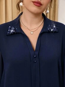 Miaspire Plus Size Women Solid Color Navy Blue Patchwork Sequin Cuff Elegant Blouse Fall Party Office Dinner,Autumn/Winter - Navy Blue - View 7