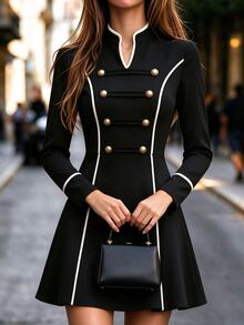 Breezaya فستان نسائي أنيق بأكمام طويلة وياقة على شكل حرف V مع تصميم الحواف والأزرار - الأسود - مشاهدة 1