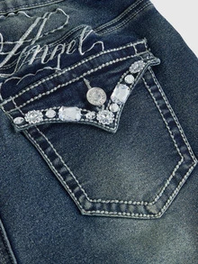 ROMWE Goth 女款休閒水鑽翅膀刺繡喇叭牛仔褲 - 藍色 - 查看 4