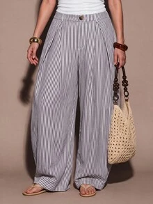 SHEIN BAE CURVE 大尺碼女款休閒波西米亞風度假黑白格紋紋理條紋寬鬆拼接長褲，適合外出、日常、萬聖節 - 藏蓝色 - 查看 6