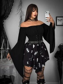Whyspr BATMAN X SHEIN Plus Size Women Off Shoulder Tie Design Casual Party Dress - Black and White - View 4