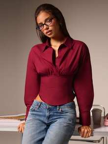 Athîral Women's Casual Elegant PLUM Waist-Cinching Long Sleeve Blouse, Suitable For Autumn/Winter, Commute, Office, Outing, Inner Layer Shirt - Red Violet - View 1