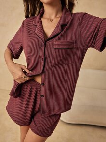 HautHeat Women's Button Short Sleeve Top And Shorts Loungewear Set - Coffee Brown - View 1