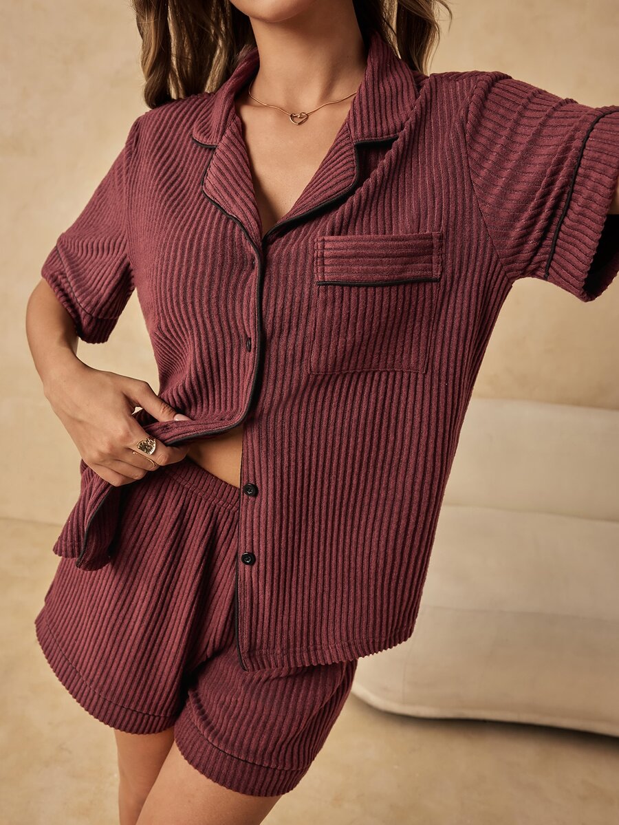 HautHeat Women's Button Short Sleeve Top And Shorts Loungewear Set - Coffee Brown - View 1