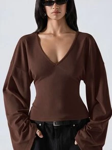 LYSMO 2025 女款夏季奶油白色上衣，法式簡約優雅純色深V領上衣，喇叭袖休閒上衣，適合早午餐、生日、居家 - 鏽棕色 - 查看 9