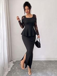 Modelyn 性感蕾絲拼接方領露背長袖荷葉邊上衣修身貼身開衩裙女款優雅兩件套晚餐雞尾酒黑色秋季 - 黑色 - 查看 9