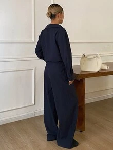 Livesso Setelan Dua Potong Atasan dan Celana Panjang Longgar Motif Blok Warna untuk Wanita (2 in 1) - Navy Blue - View 2
