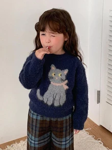 DAZY 嬰兒女童圓領卡通長袖秋冬毛衣幼兒 - 寶藍色 - 查看 3