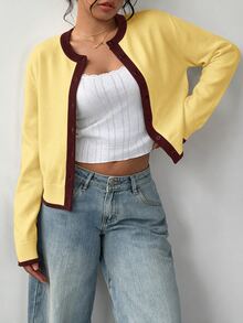 SHEIN BASICS 女款對比色保暖飾邊薄款開襟衫，辦公日常穿搭，黑白配色，秋季優雅款，秋冬基礎款，返校外出穿搭 - 淡黃色 - 查看 3