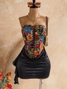 Soleia 性感提花抽繩抓皺平口洋裝，適合度假、海灘、婚禮賓客穿著 - 黑色 - 查看 8