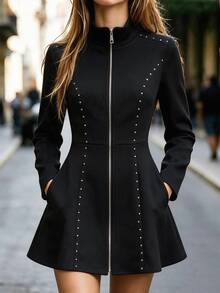 Balvessa Women's Autumn/Winter Long Sleeve Zipper Front Casual Wool Blend Jacket - Black - View 7