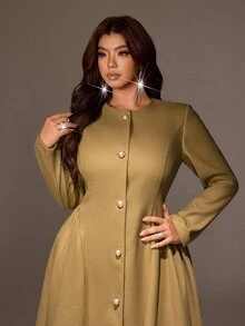 Viva Relle Plus Size Women's French Casual Sexy Vintage Elegant Ruched Waist Wool Long Coat Slimming Fit Commute Date Office Formal Evening Fall Olive Green - Olive Green - View 4