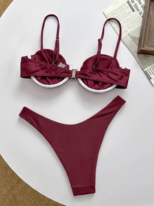 Swim Chiccia 純色細肩帶鋼圈上衣與泳褲套裝，夏季女款泳衣套裝 - 酒紅色 - 查看 2