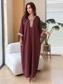 Yasmyna V-Neck Floral Ribbon Sequin Tassel Embellished Light Pink Arabian Dress Wedding Fringe Dress Fall/Winter Christening Guest Formal Modest Elegant - Burgundy - View 5