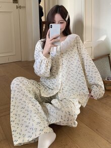 DAZY Women's Ditsy Floral Long Sleeve Single-Breasted Top And Pants Loungewear Set - Beige - View 11