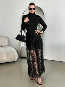 Ellevyn High Neck Black Contrast Lace Long Dress Autumn Outfit For Women Elegant Long Dress - Black - View 4
